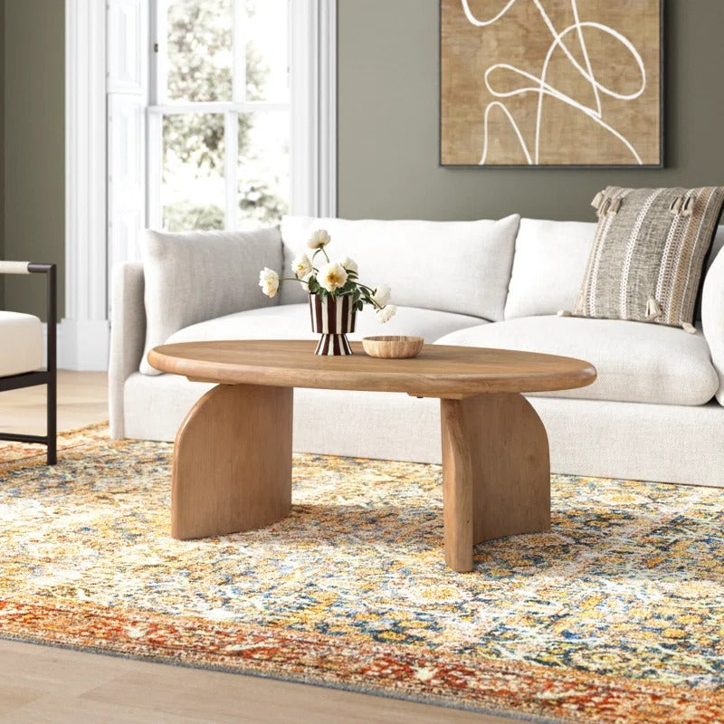 Oval Solid Wood Coffee Table | Modern Sculptural Base | Natural Wood Living Room Centerpiece | Living Furn India