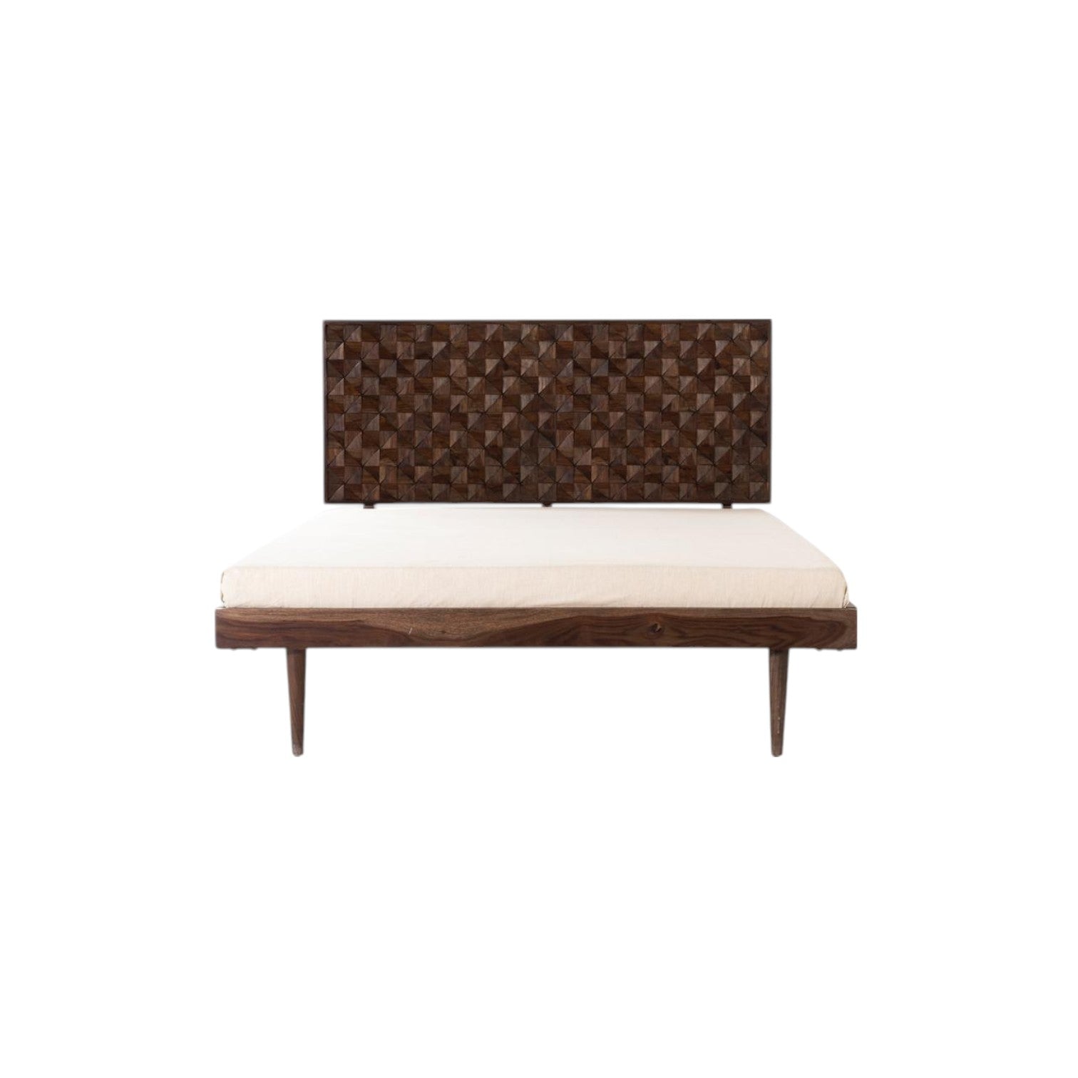 Prism Queen Bed | Handcrafted Sheesham Wood Bed with Geometric Headboard | Living Furn India