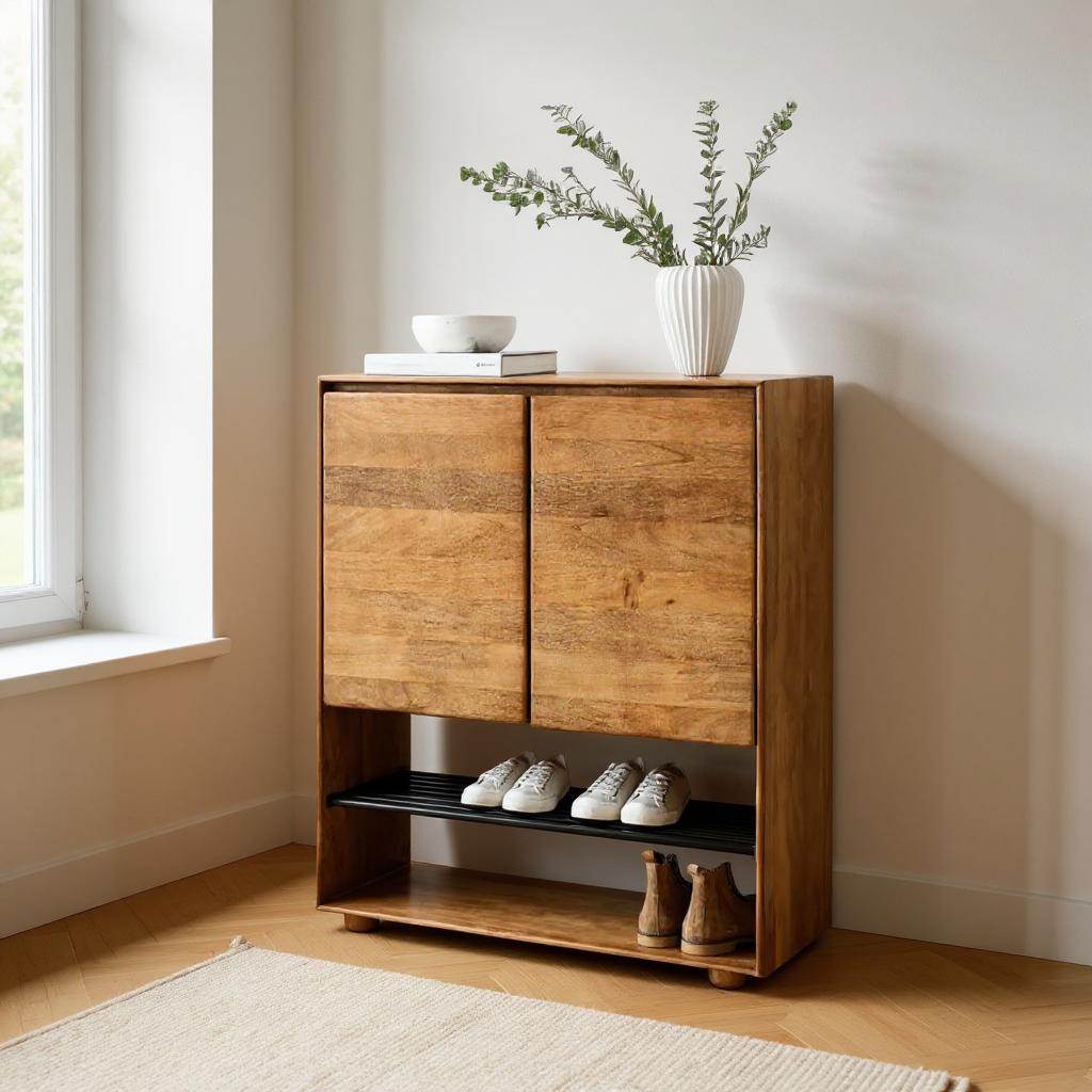 Nest 6-Tier Solid Mango Wood Shoe Cabinet – Handcrafted Organizer in Teak Finish by Living Furn India