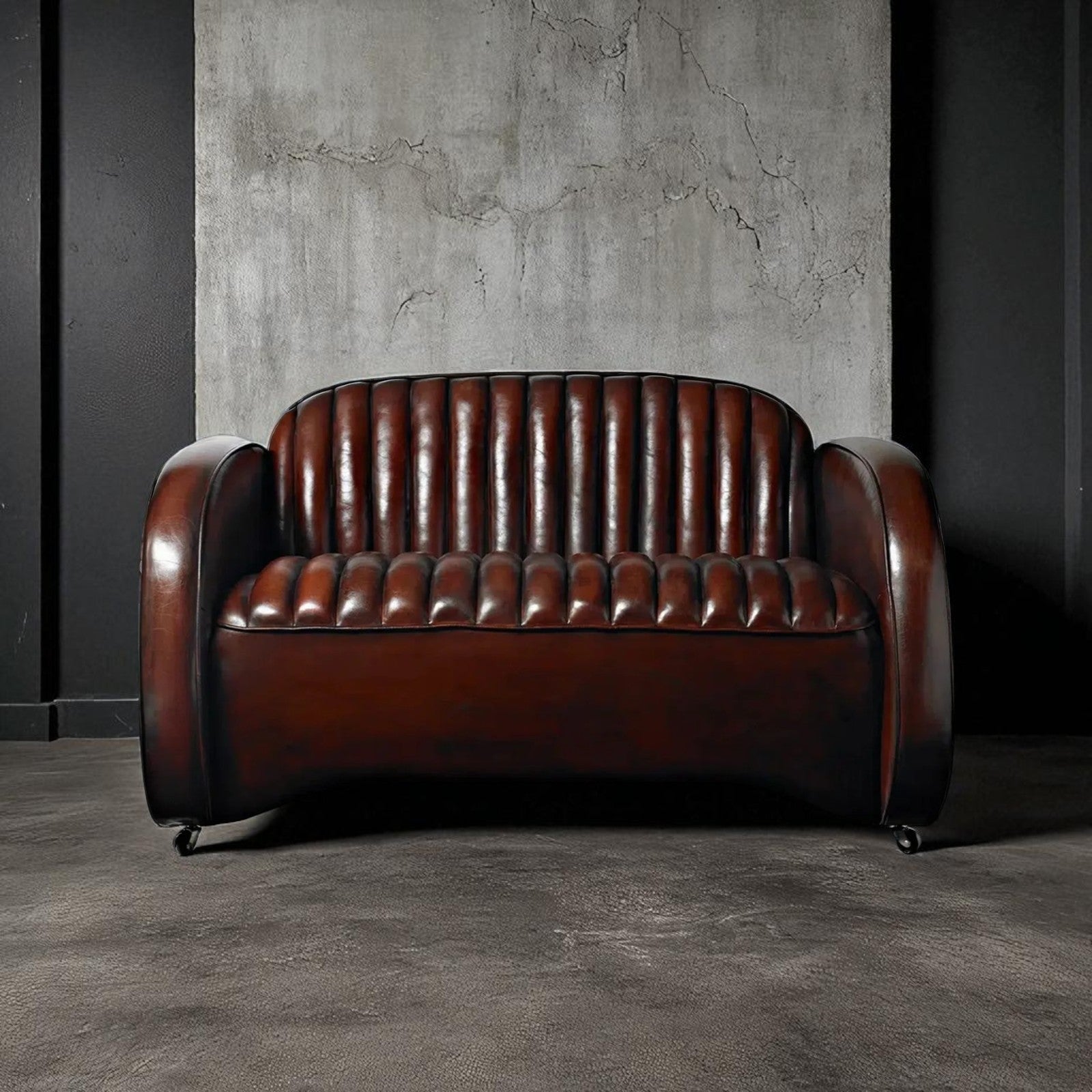 Lombard Chestnut Duo Leather Sofa – Handcrafted 2-Seater by Living Furn India