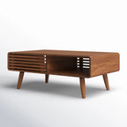 Mid-Century Modern Slatted Wood Coffee Table | Walnut Finish | Integrated Storage | Living Room Centerpiece | Living Furn India