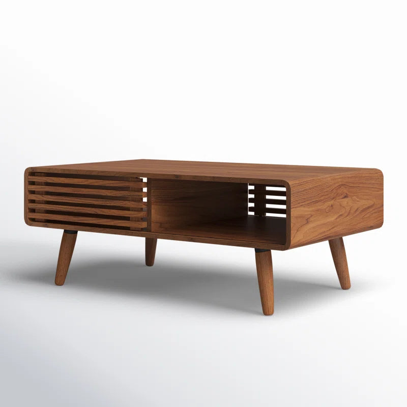 Mid-Century Modern Slatted Wood Coffee Table | Walnut Finish | Integrated Storage | Living Room Centerpiece | Living Furn India
