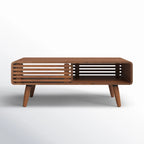 Mid-Century Modern Slatted Wood Coffee Table | Walnut Finish | Integrated Storage | Living Room Centerpiece | Living Furn India