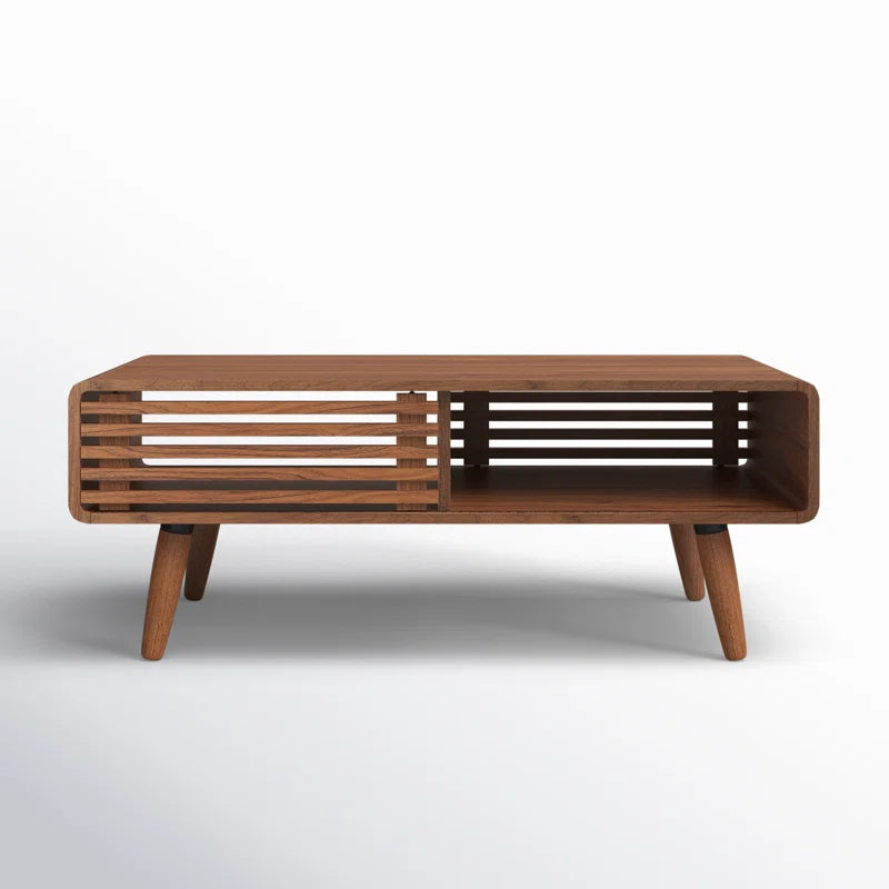 Mid-Century Modern Slatted Wood Coffee Table | Walnut Finish | Integrated Storage | Living Room Centerpiece | Living Furn India