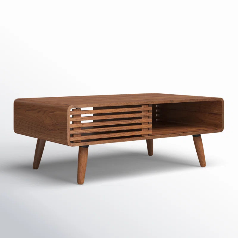 Mid-Century Modern Slatted Wood Coffee Table | Walnut Finish | Integrated Storage | Living Room Centerpiece | Living Furn India