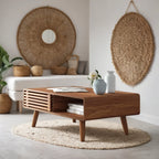 Mid-Century Modern Slatted Wood Coffee Table | Walnut Finish | Integrated Storage | Living Room Centerpiece | Living Furn India