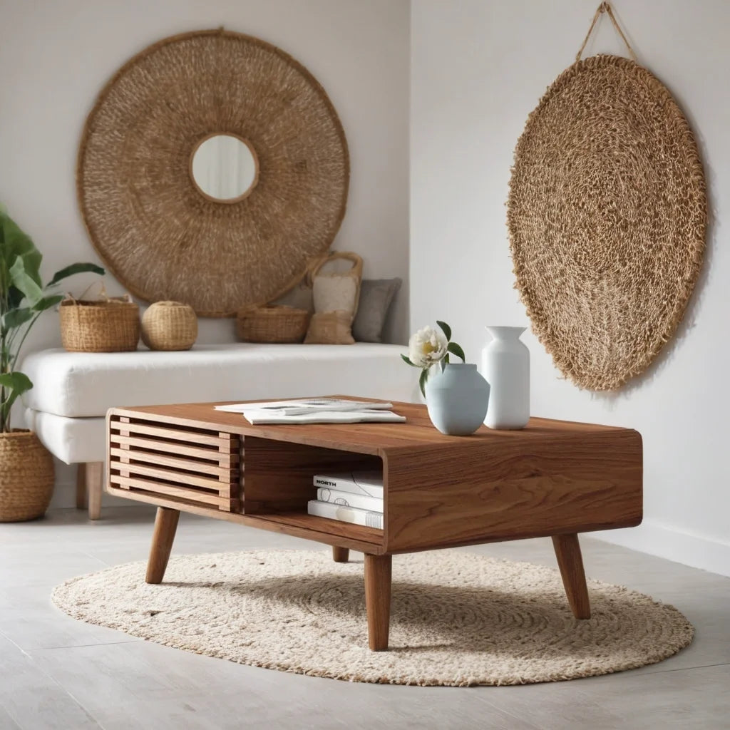 Mid-Century Modern Slatted Wood Coffee Table | Walnut Finish | Integrated Storage | Living Room Centerpiece | Living Furn India