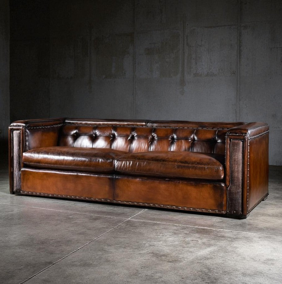 Artisan Vault Brown Leather 3-Seater Sofa – Handcrafted Heritage by Living Furn India