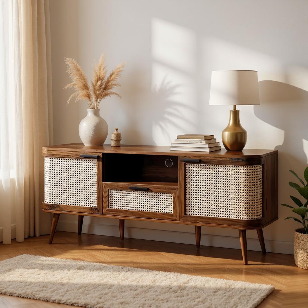 RetraVida Cane & Solid Mango Wood TV Unit – Walnut Finish, Handcrafted Media Console by Living Furn India