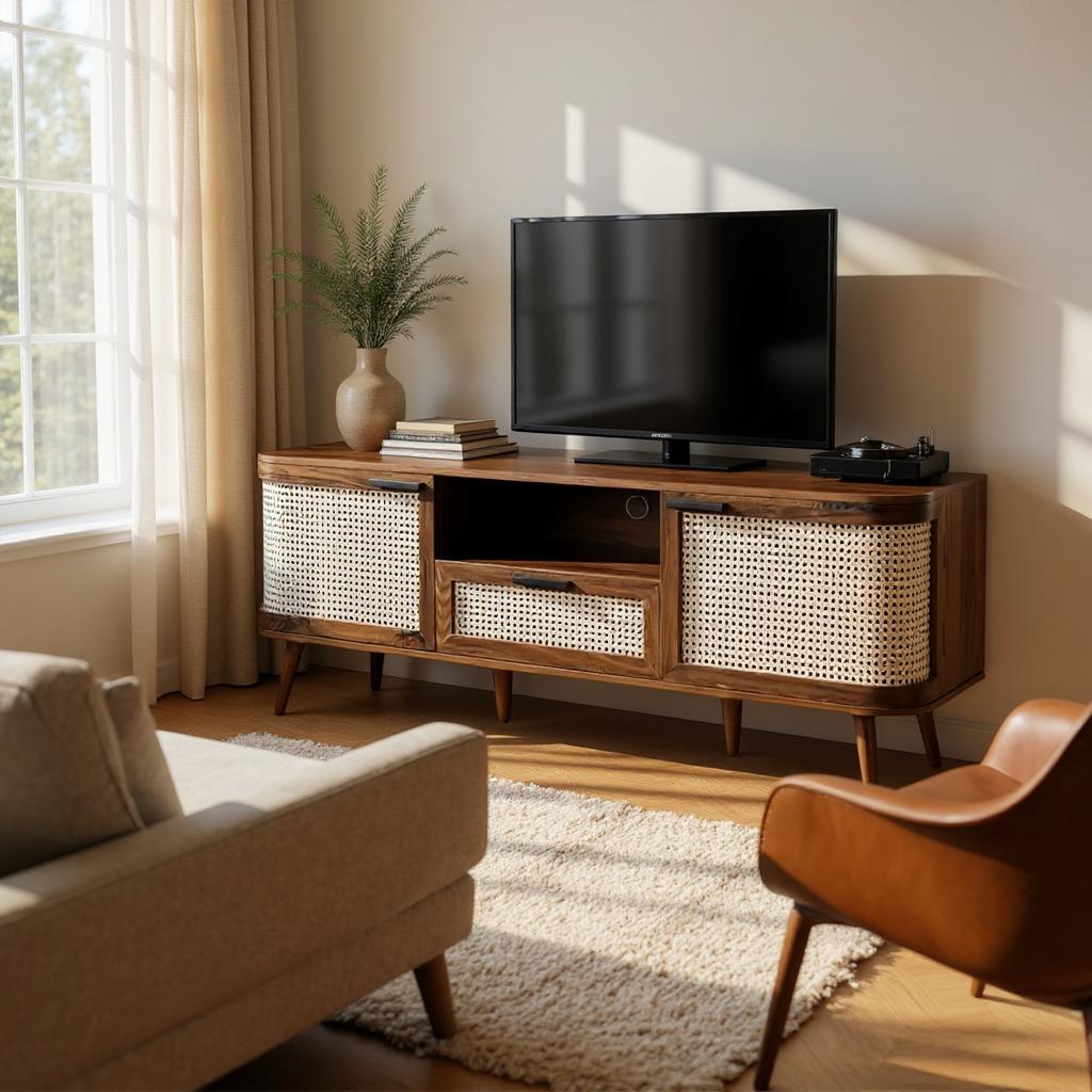 RetraVida Cane & Solid Mango Wood TV Unit – Walnut Finish, Handcrafted Media Console by Living Furn India