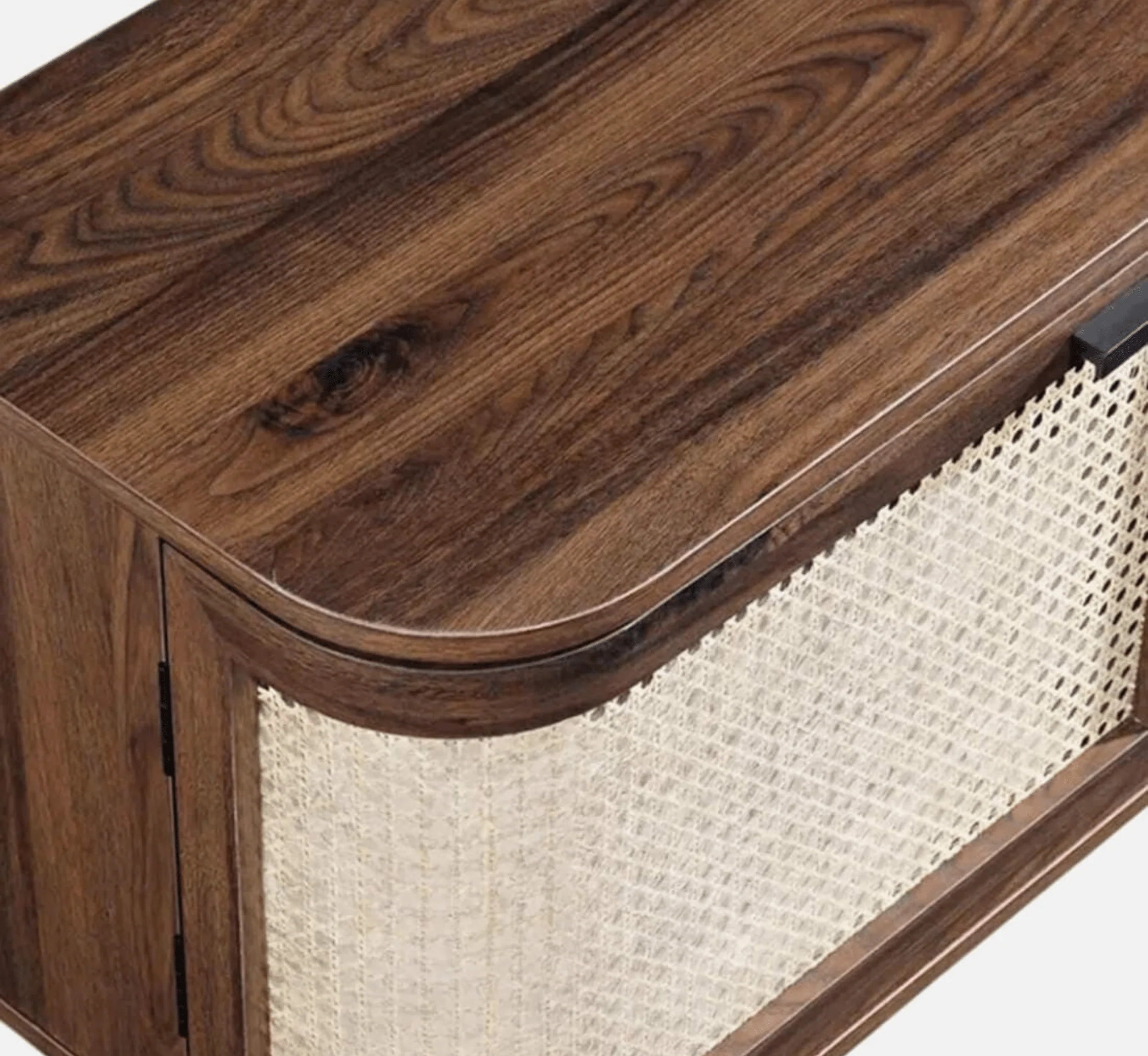 RetraVida Cane & Solid Mango Wood TV Unit – Walnut Finish, Handcrafted Media Console by Living Furn India