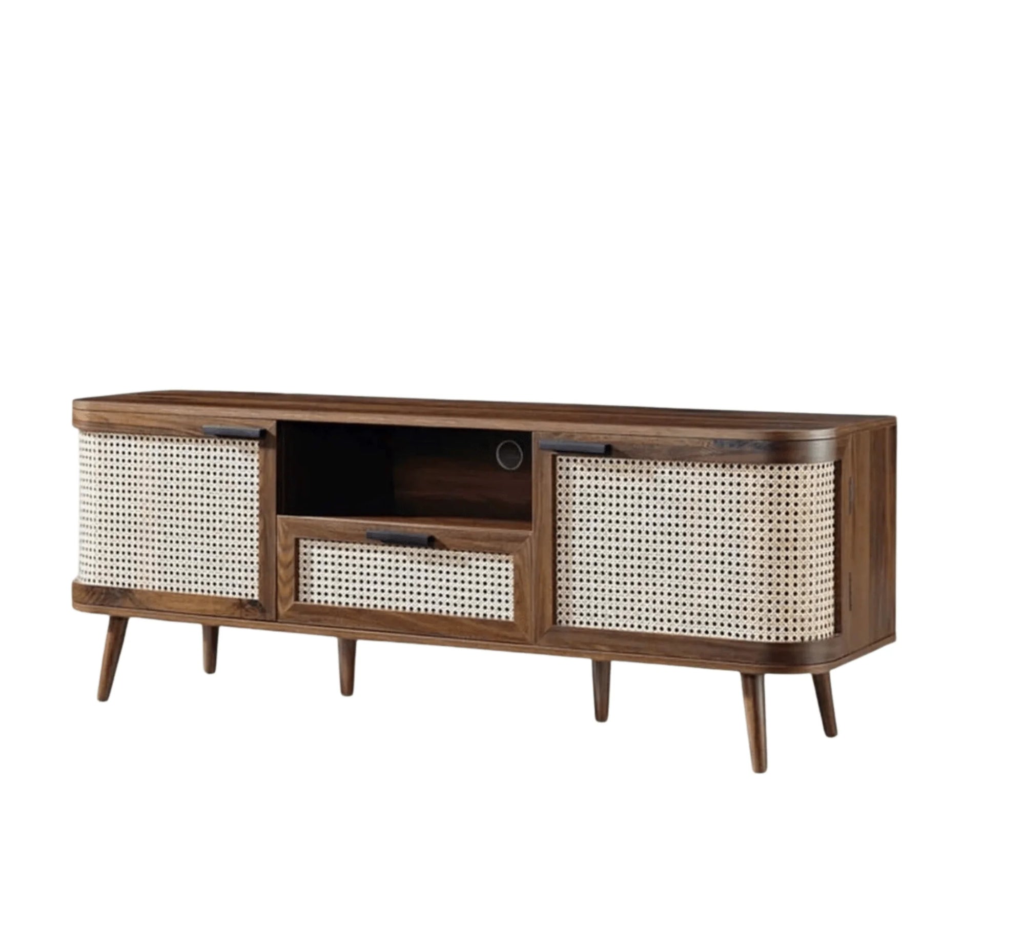 RetraVida Cane & Solid Mango Wood TV Unit – Walnut Finish, Handcrafted Media Console by Living Furn India