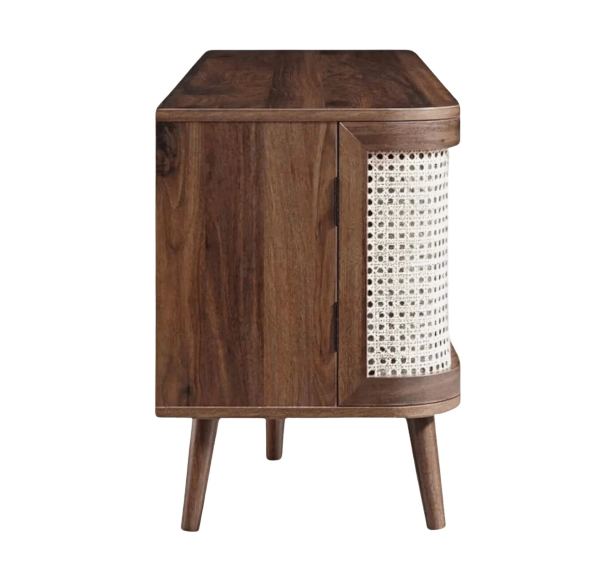 RetraVida Cane & Solid Mango Wood TV Unit – Walnut Finish, Handcrafted Media Console by Living Furn India