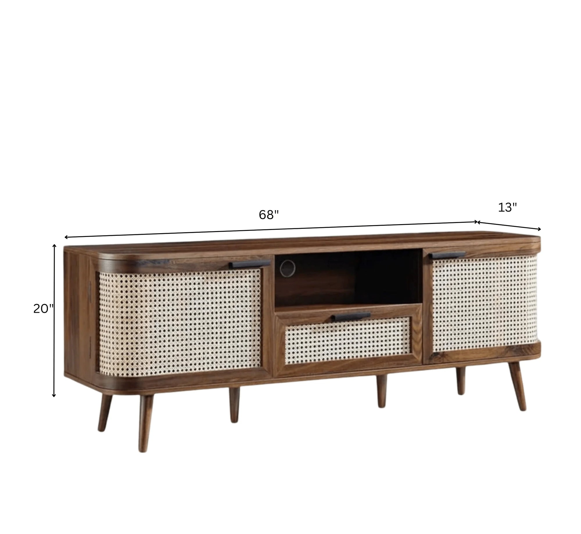 RetraVida Cane & Solid Mango Wood TV Unit – Walnut Finish, Handcrafted Media Console by Living Furn India