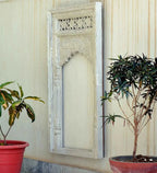 hand carved mirror, wooden frame mirror, walnut mirror, whitewash mirror, mehrab arch mirror, arched mirror, jali lattice mirror, full length mirror, wall mirror, entryway mirror, narrow mirror, decorative mirror, indian furniture, handmade mirror, artisan made mirror, premium wood mirror, quality mirror, durable mirror, sturdy mirror, timeless mirror, elegant mirror, statement mirror, ornate mirror, unique mirror, sculptural mirror, focal piece mirror, handcrafted in india, sustainable wood furniture, mehr