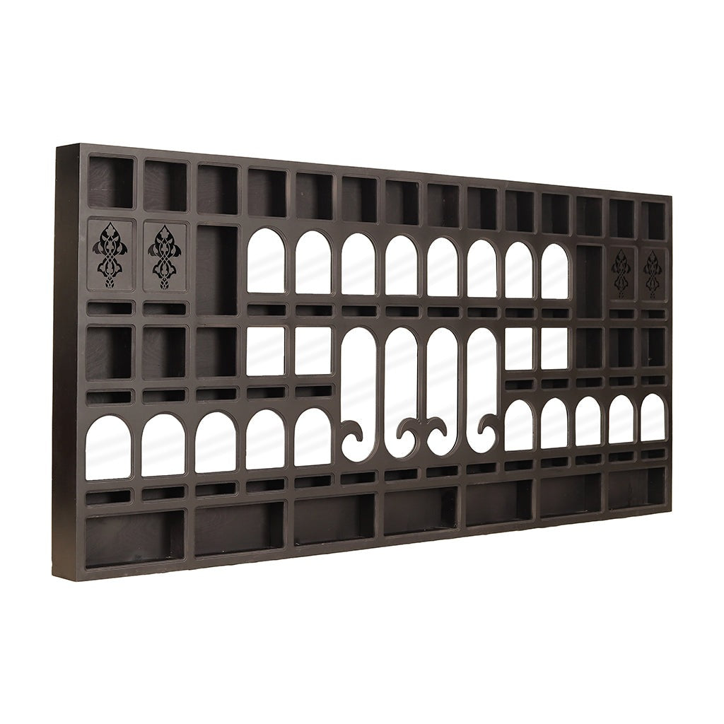 Jharokha Intricate Mango Wood & Mirror Wall Mural Display – Black Stain by Living Furn India