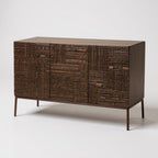 Full front view of Tabwa 3-door sideboard with intricate hand-carved geometric patterns - Living Furn India premium wooden cabinet

