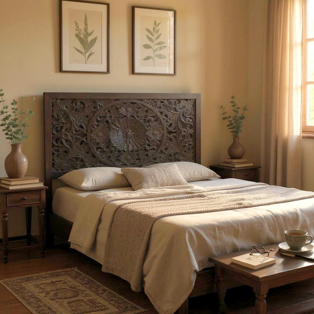 Mandala Carved Bed | Handcrafted Mango Wood Bed with Intricate Headboard | King & Queen Sizes | Living Furn India