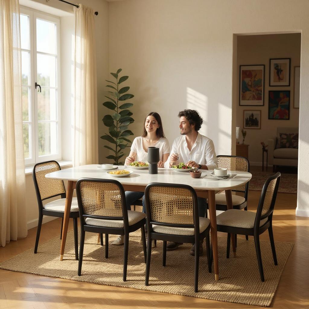 RattanGrove Mango Wood Dining Set with Rattan Chairs – Natural Finish, 4/6/8 Seater by Living Furn India