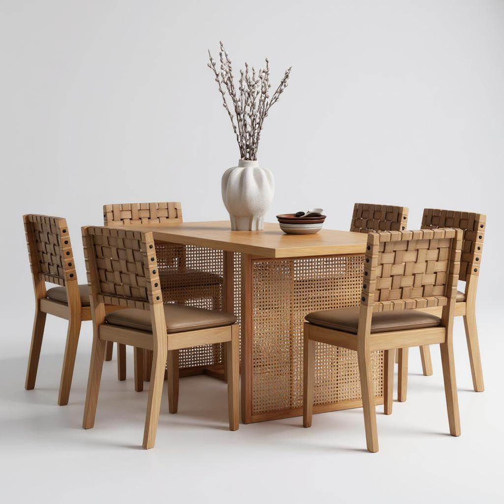 SableRattan Luxe Solid Wood Dining Set with Leather Chairs – Natural Finish, 4/6/8 Seater by Living Furn India