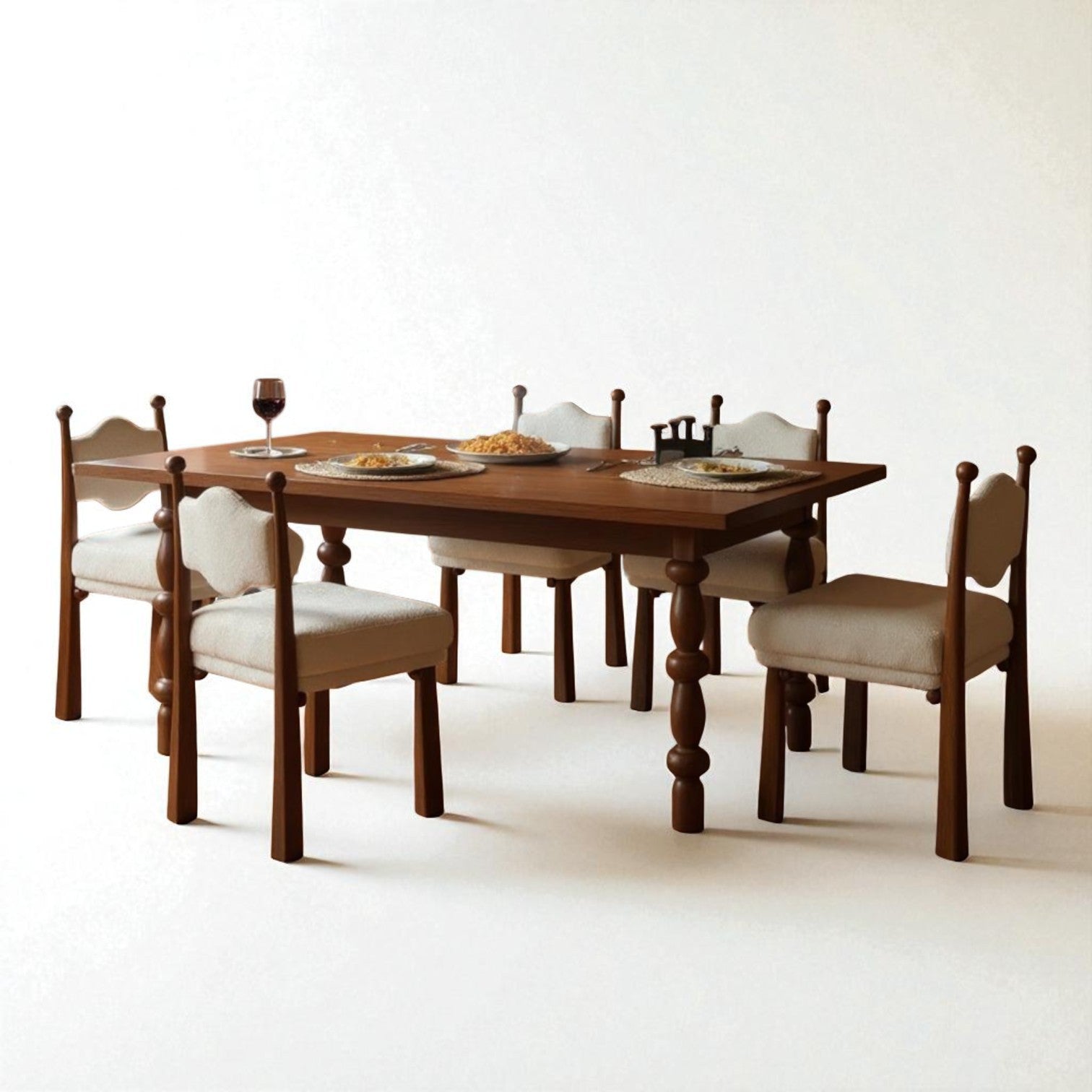 ModernaEra Mid Century Solid Wood Dining Set with Boucle Chairs – Versatile 4 & 6 Seater by Living Furn India
