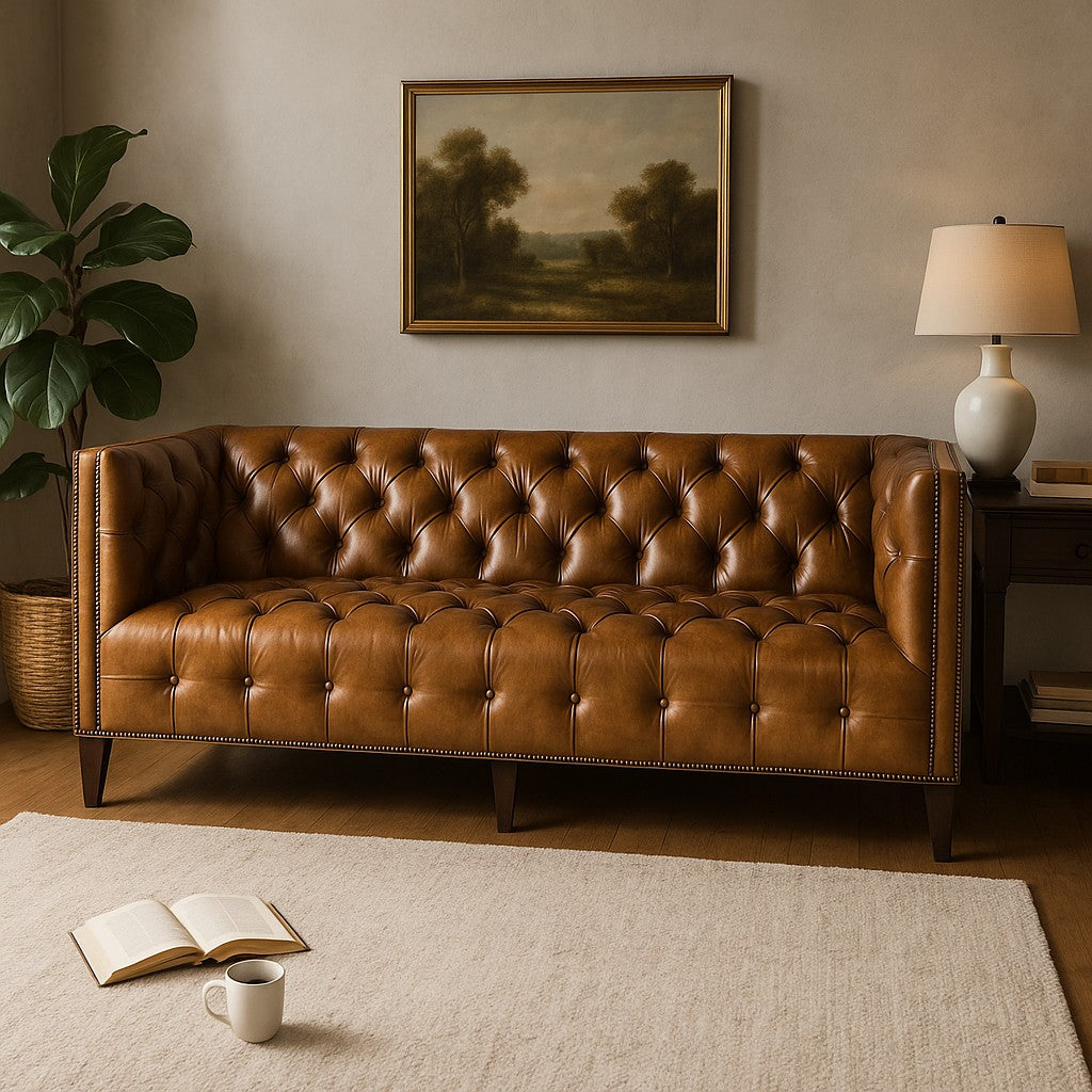 Kingston Tufted Buffalo Leather 3-Seater Sofa – Handcrafted Luxury by Living Furn India