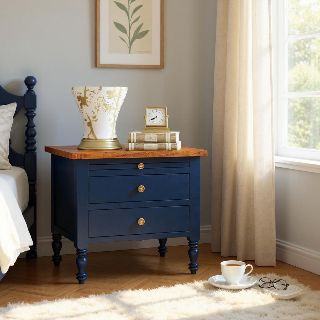 Nautilus Bedside Table | Handcrafted Mango Wood Nightstand with Drawers | Distressed Blue & Natural Finish | Living Furn India