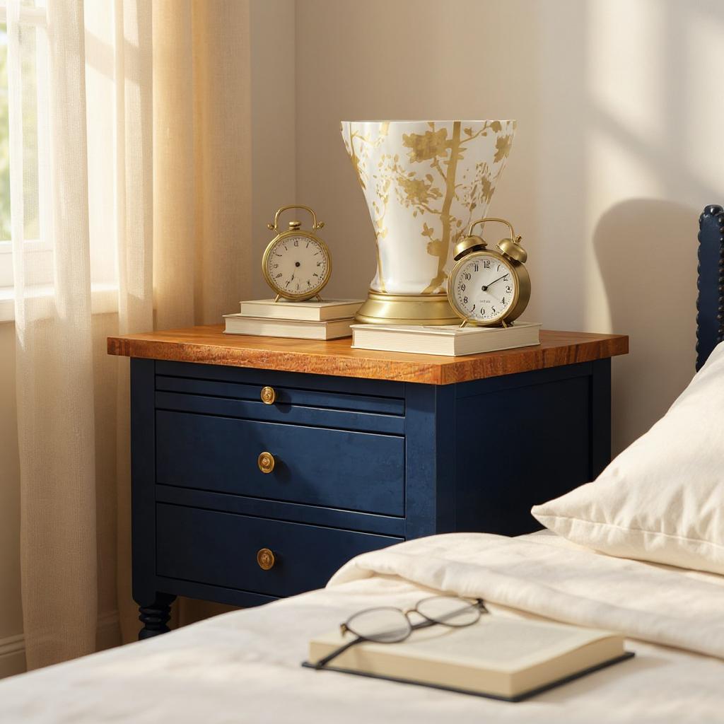 Nautilus Bedside Table | Handcrafted Mango Wood Nightstand with Drawers | Distressed Blue & Natural Finish | Living Furn India