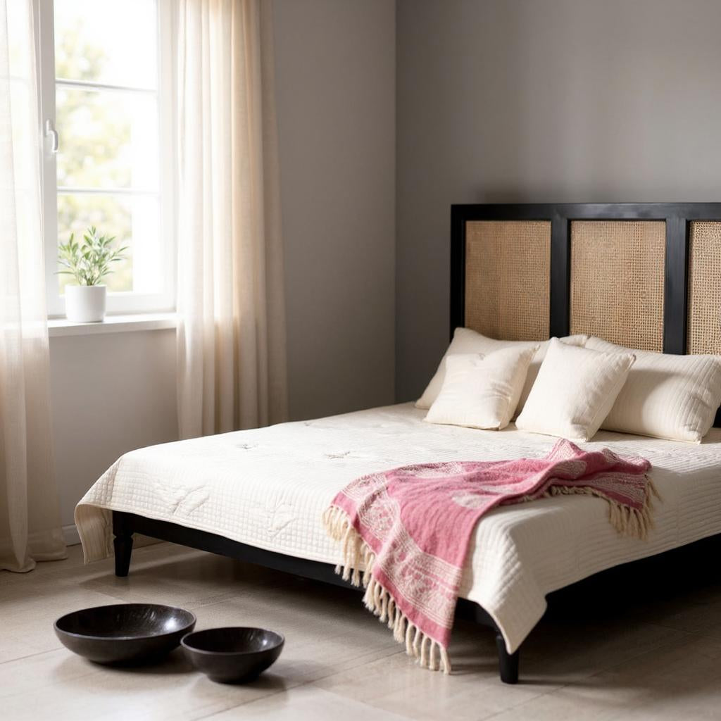 Noir Cane Bed | Handcrafted Black Mango Wood Bed with Three Cane Panels | King Size | Living Furn India