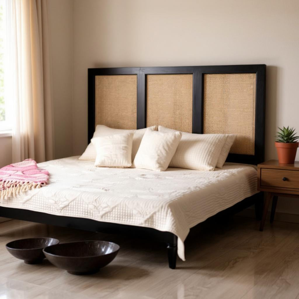 Noir Cane Bed | Handcrafted Black Mango Wood Bed with Three Cane Panels | King Size | Living Furn India