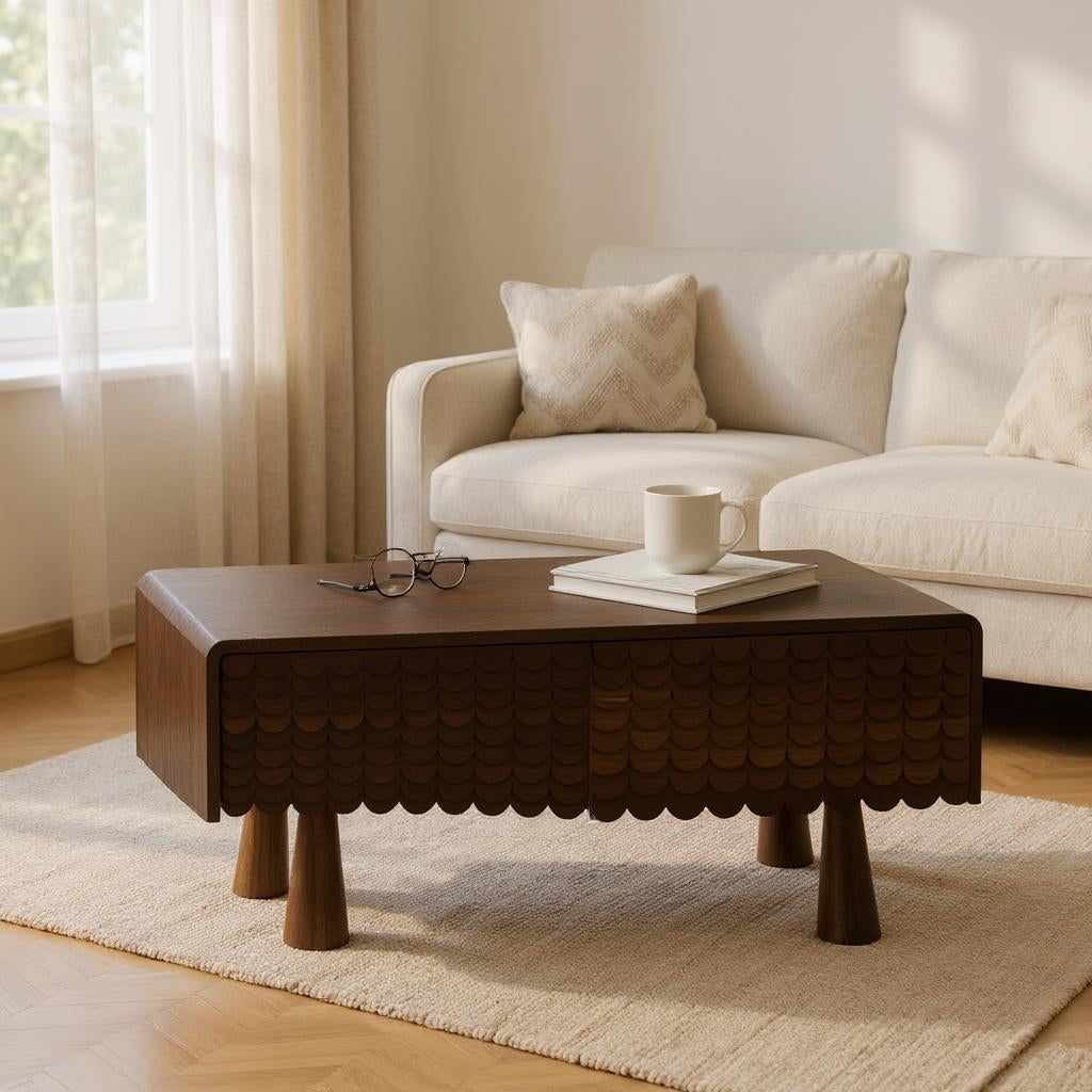 MangoNest Solid Mango Wood Center Table with 2 Drawers – Dark Walnut Finish, Handcrafted by Living Furn India