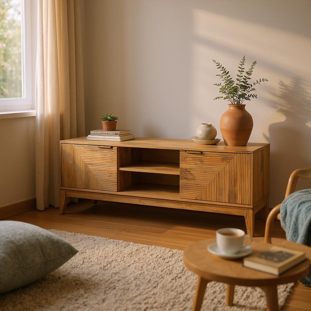 Handcrafted Mango Wood & Rattan Coffee Table with Open Storage | Mid-Century Modern Living Room Centerpiece | Living Furn India