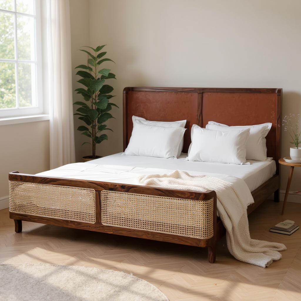 Heritage Canewood Classic Rattan Upholstered Bed – Walnut Finish, All Sizes by Living Furn India