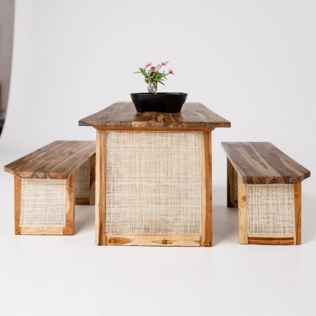 Heritage Harmony Rattan Sheesham 6-Seater Dining Table Set with Bench – Natural Finish by Living Furn India