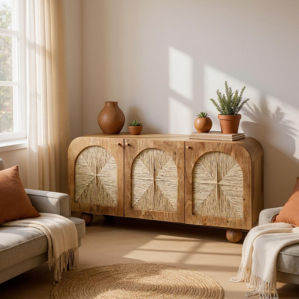 Arcadia Sideboard | Handcrafted Solid Mango Wood Cabinet with Woven Doors | Living Furn India