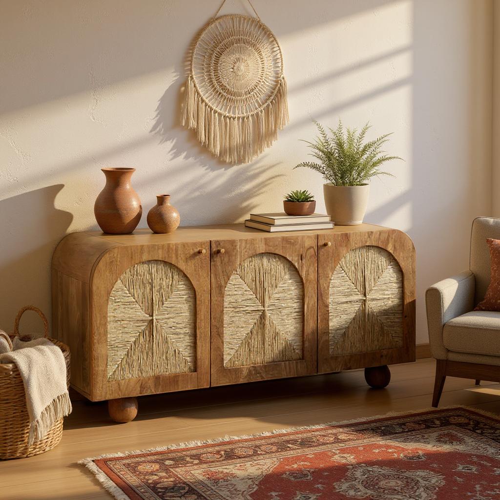 Arcadia Sideboard | Handcrafted Solid Mango Wood Cabinet with Woven Doors | Living Furn India