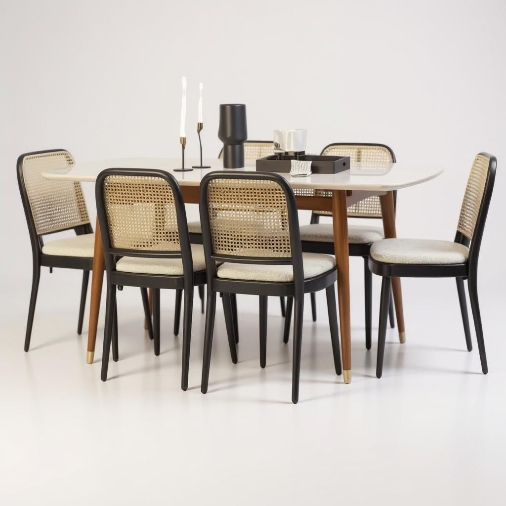 RattanGrove Mango Wood Dining Set with Rattan Chairs – Natural Finish, 4/6/8 Seater by Living Furn India
