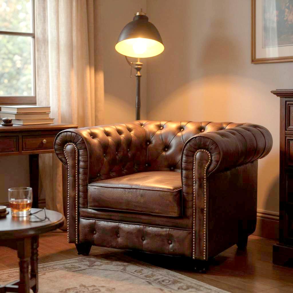 Chesterfield Leather Armchair | Single Seater Tufted Club Chair | Handcrafted Luxury Living Room Furniture | Living Furn India