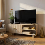 Artisan Fluted Wood TV Unit with Storage | Modern Media Console | Natural Finish Entertainment Center | Living Furn India