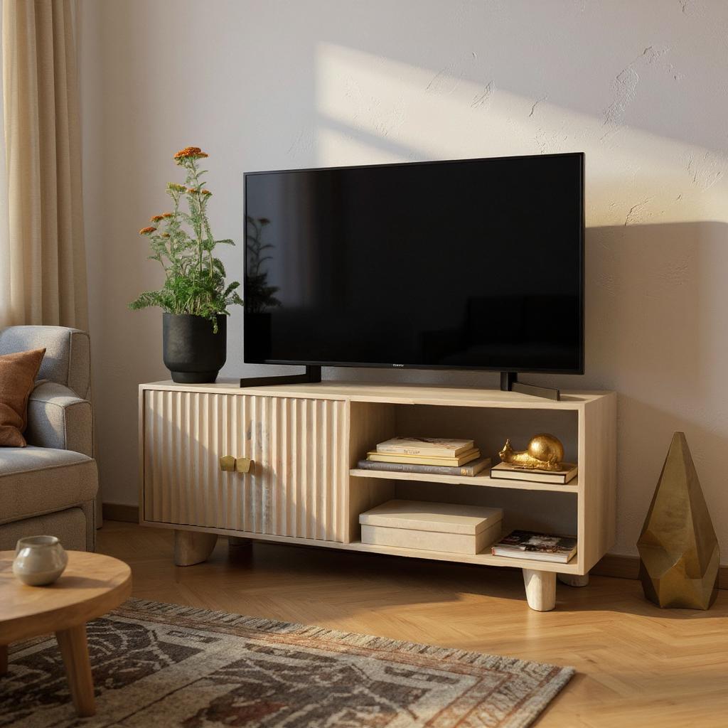 Artisan Fluted Wood TV Unit with Storage | Modern Media Console | Natural Finish Entertainment Center | Living Furn India