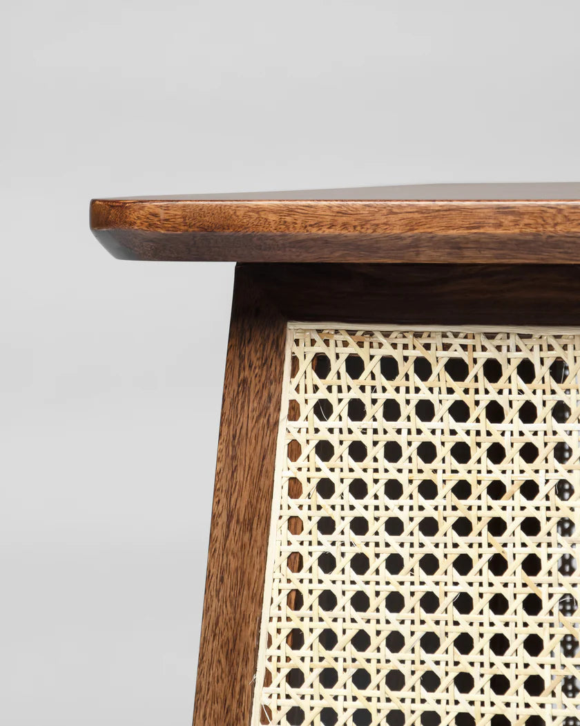 WaltonRattan Modern Side Table – Solid Mango & Sheesham Wood, Rattan Accent, Walnut Finish by Living Furn India