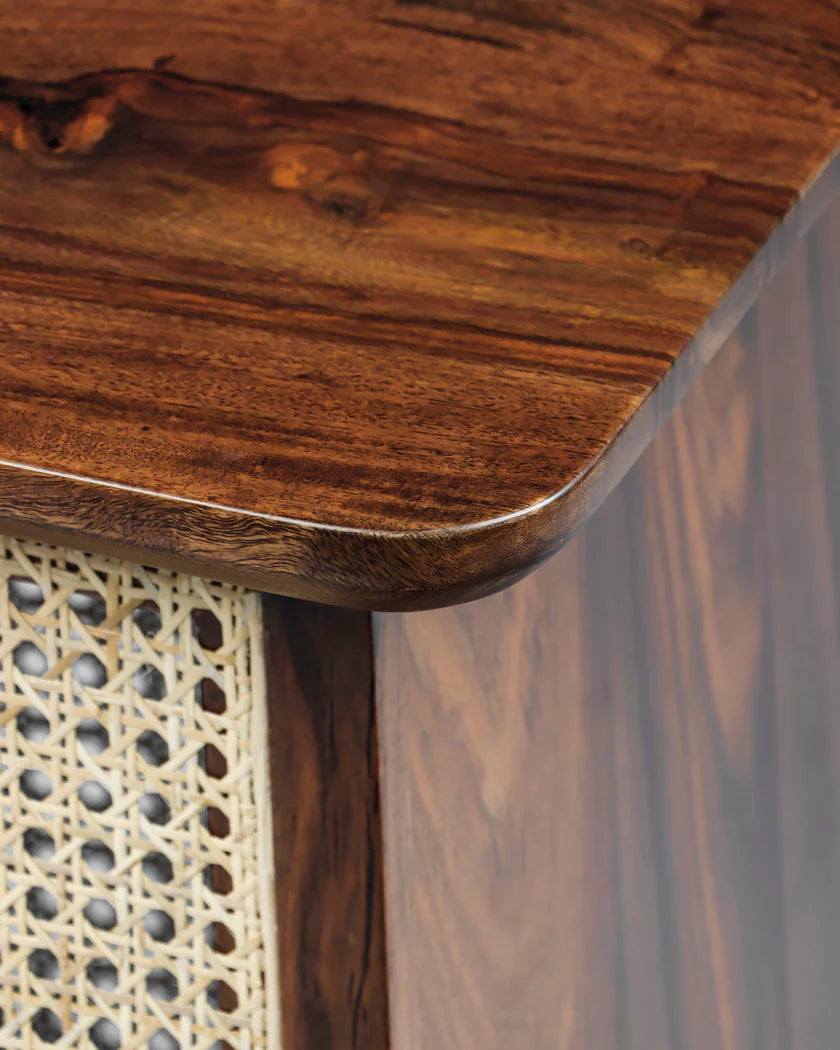 WaltonRattan Modern Side Table – Solid Mango & Sheesham Wood, Rattan Accent, Walnut Finish by Living Furn India