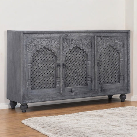 Intricately Carved Three Cabinet Door Grey Cabinet