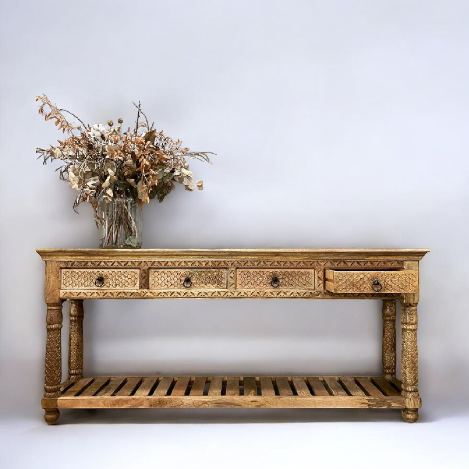 Handcrafted 4 Drawer Solid Wood Console Table with Carved Detailing