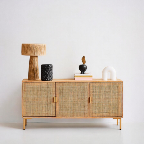 Natural Rattan and Solid Wood 3-Door Cabinet