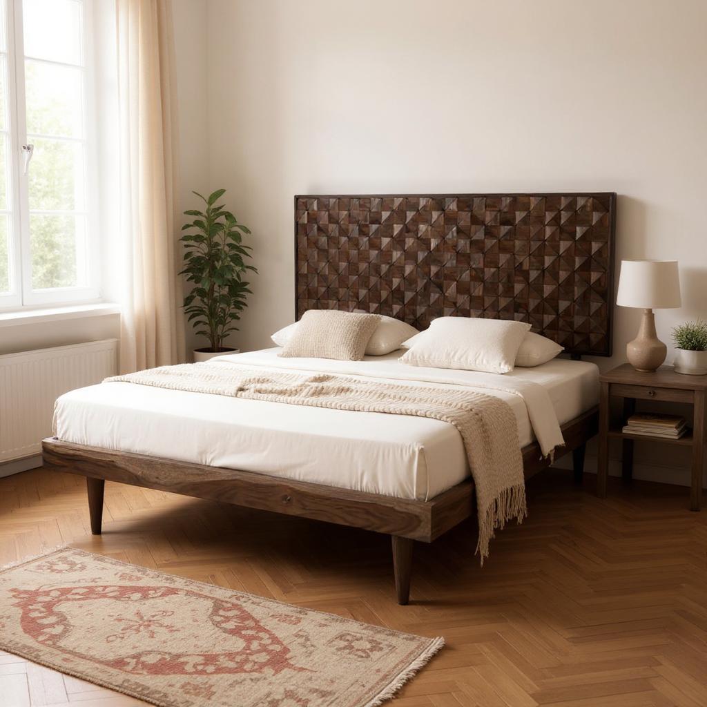 Prism Queen Bed | Handcrafted Sheesham Wood Bed with Geometric Headboard | Living Furn India
