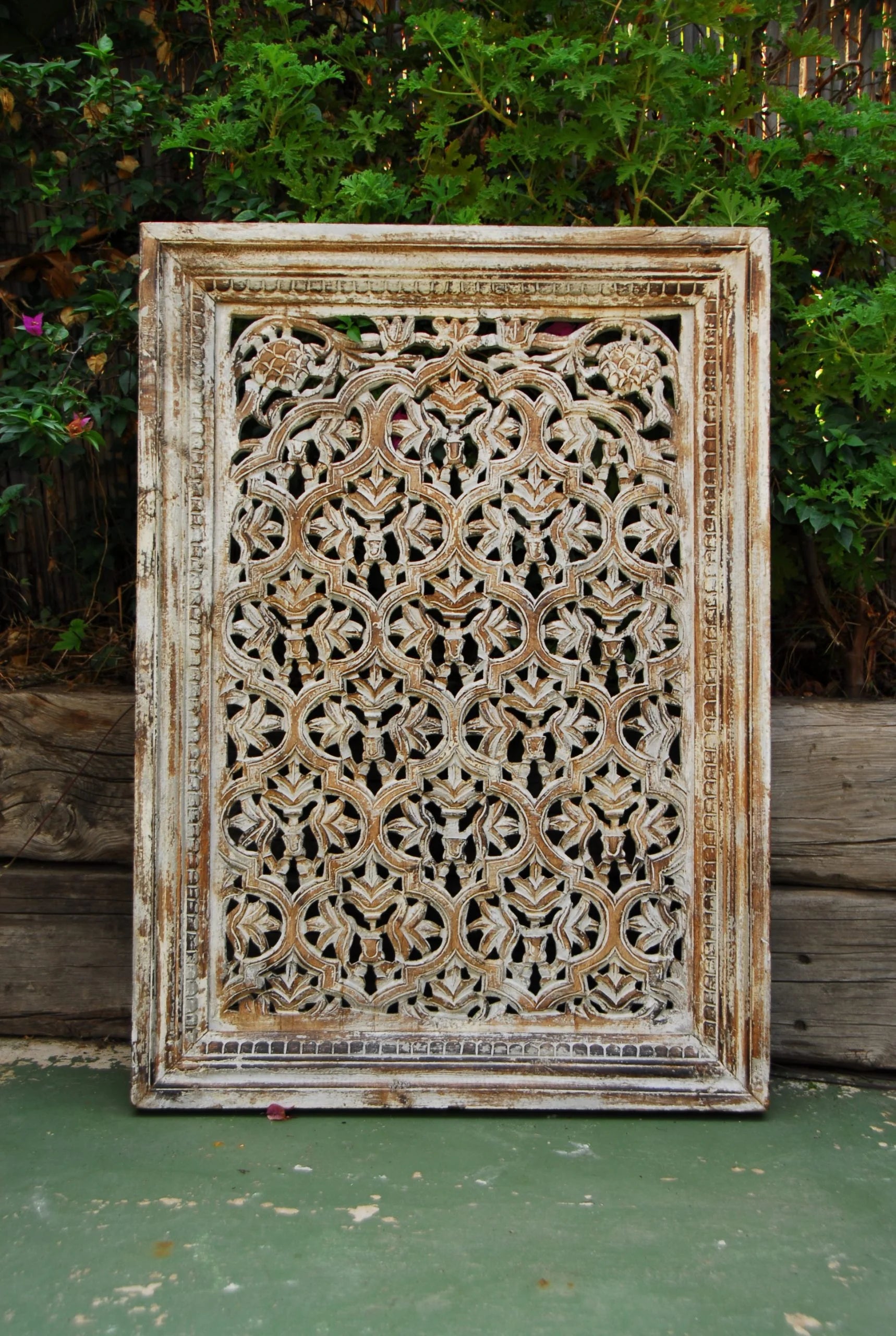 hand carved wall panel, mango wood wall art, distressed white panel, geometric carved panel, openwork wall hanging, quatrefoil lattice panel, fleur de lis wall art, indian furniture, living room wall art, bedroom wall decor, entryway wall panel, decorative wall panel, handmade wall art, artisan made panel, premium wood art, quality wood decor, durable wall panel, timeless wall art, elegant panel, statement wall decor, decorative panel, unique wall art, sculptural panel, focal piece art, handcrafted in india