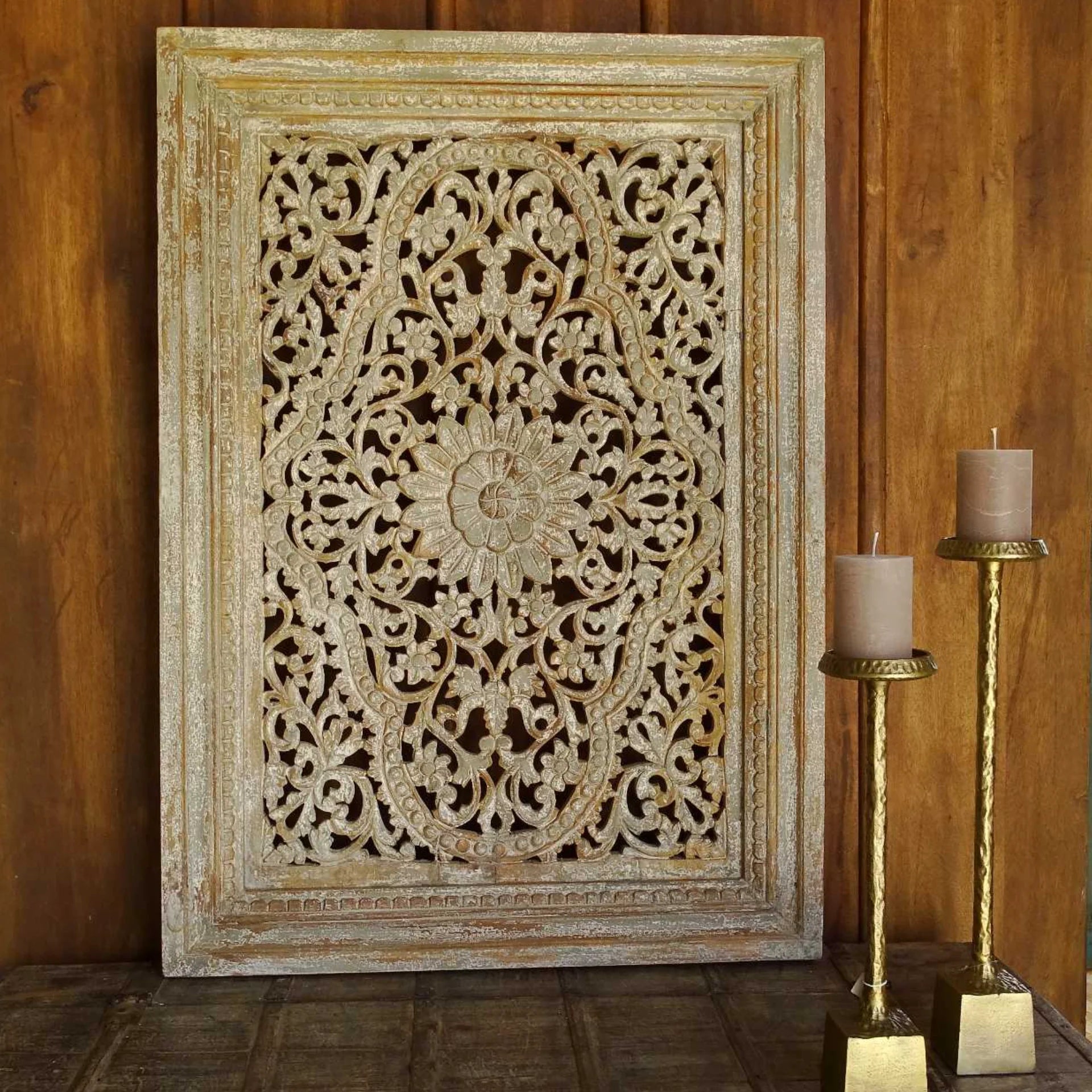 hand carved wall panel, mango wood wall art, distressed beige panel, neutral wall panel, jali carved panel, openwork wall hanging, lotus medallion panel, acanthus wall art, jali wall art, indian furniture, living room wall art, bedroom wall decor, entryway wall panel, decorative wall panel, handmade wall art, artisan made panel, premium wood art, quality wood decor, durable wall panel, solid wood panel, sturdy wall art, timeless wall art, elegant panel, statement wall decor, decorative panel, unique wall ar