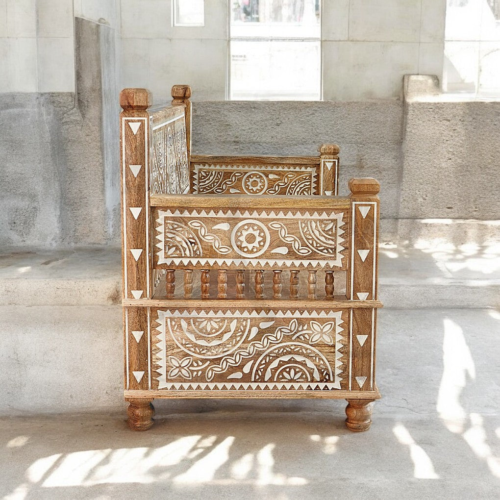 The Maharaja Wooden Sofa Set | 3+2+1 Handmade Mango Wood Seating ( White Engraving )