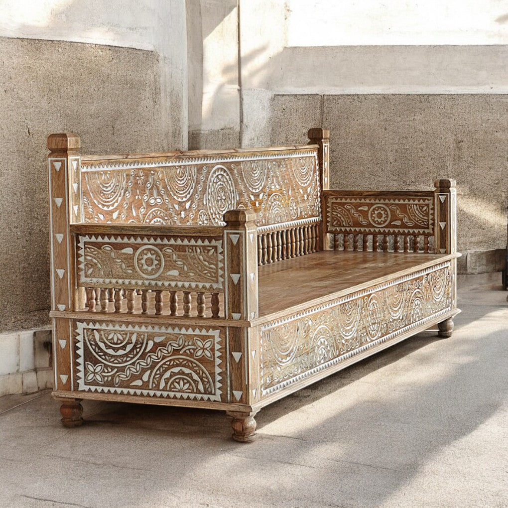 The Maharaja Wooden Sofa Set | 3+2+1 Handmade Mango Wood Seating ( White Engraving )